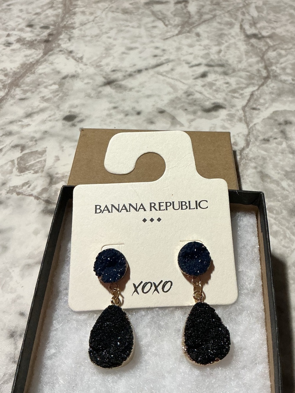Banana Republic Navy and Black faux Druzy Drop Earrings with Gold Trim NWT